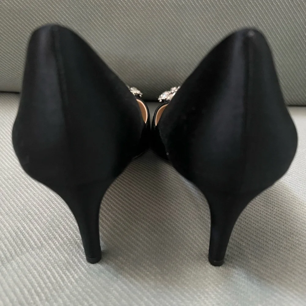 Badgley Mischka Black Satin Pointed Toe Heels with Crystal Buckles - Picture 5 of 7